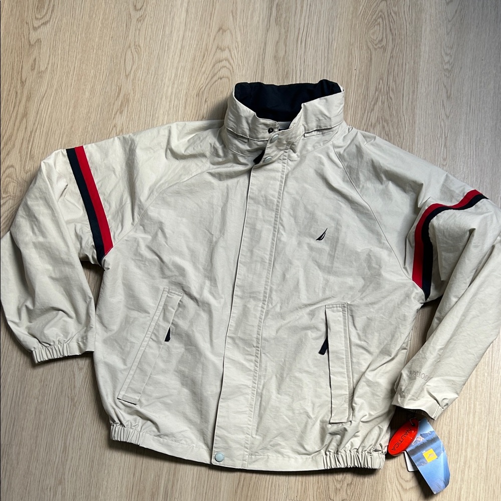 New Nautica Light Tan Jacket with Red and Blue Accents